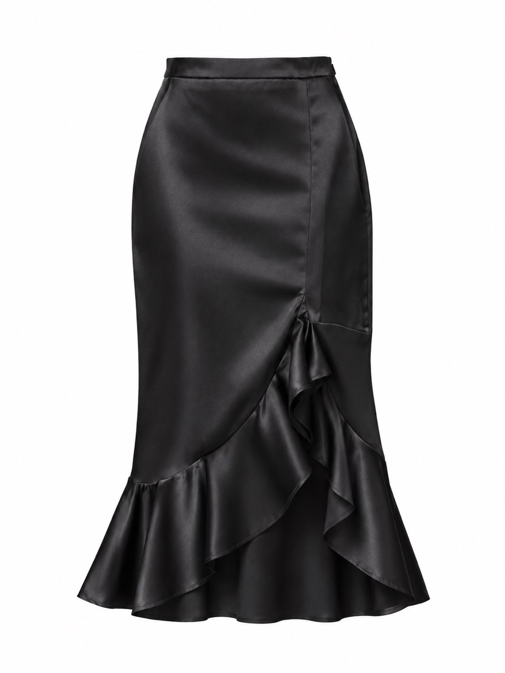 Hot Kiss Black Satin Ruffle-Trim Midi Skirt